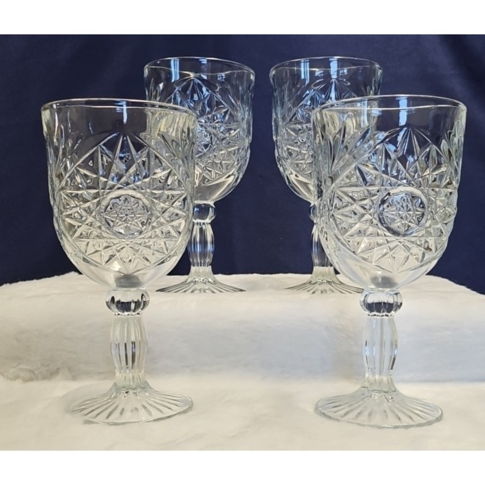 Set of 4 Libbey Hobstar Goblet Stemmed Water, Wine Clear Cut Glasses 7.25"H